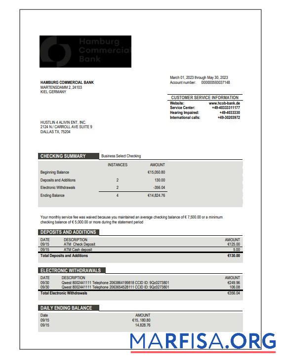 Realistic Hamburg Commercial Bank enterprise account statement Word and PDF template
